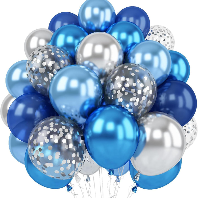 12 Inch Blue Silver Balloons Set, Dark Navy Confetti Party Latex Balloon for Birthday Graduation Baby Shower
