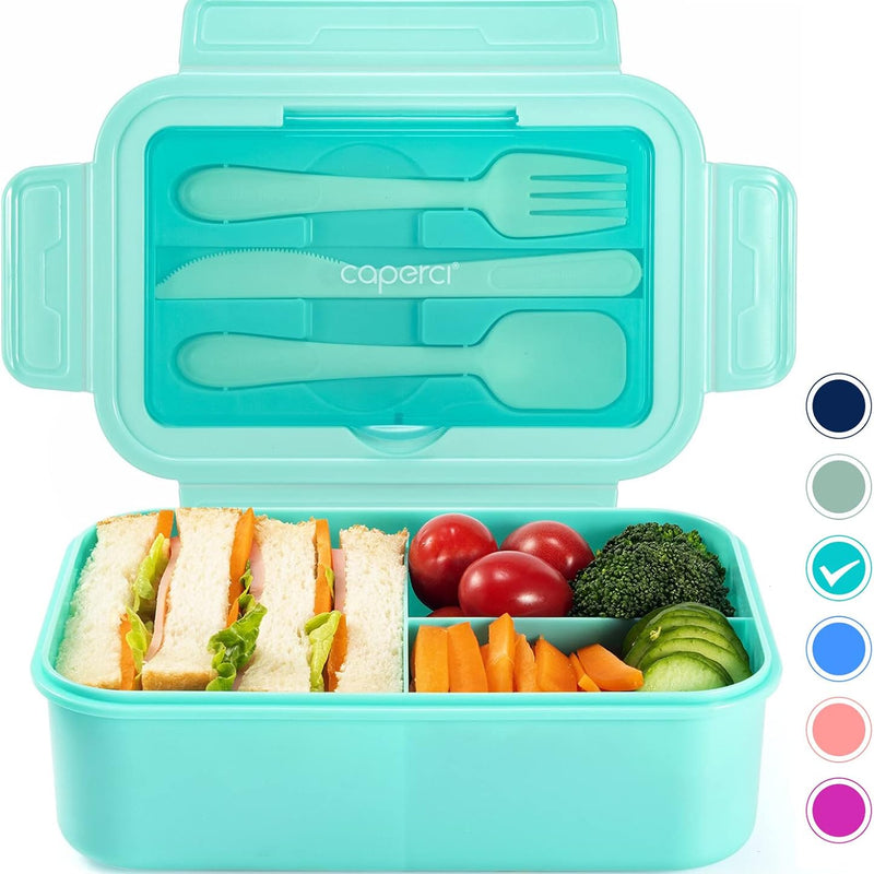 Caperci Classic Bento Box Adult Lunch Box for Older Kids - Leakpoof 47 oz 3-Compartment Containers for Adults and Teens, Built-in Utensil Set, Ideal for On-the-Go Balanced Eating, Navy Blue