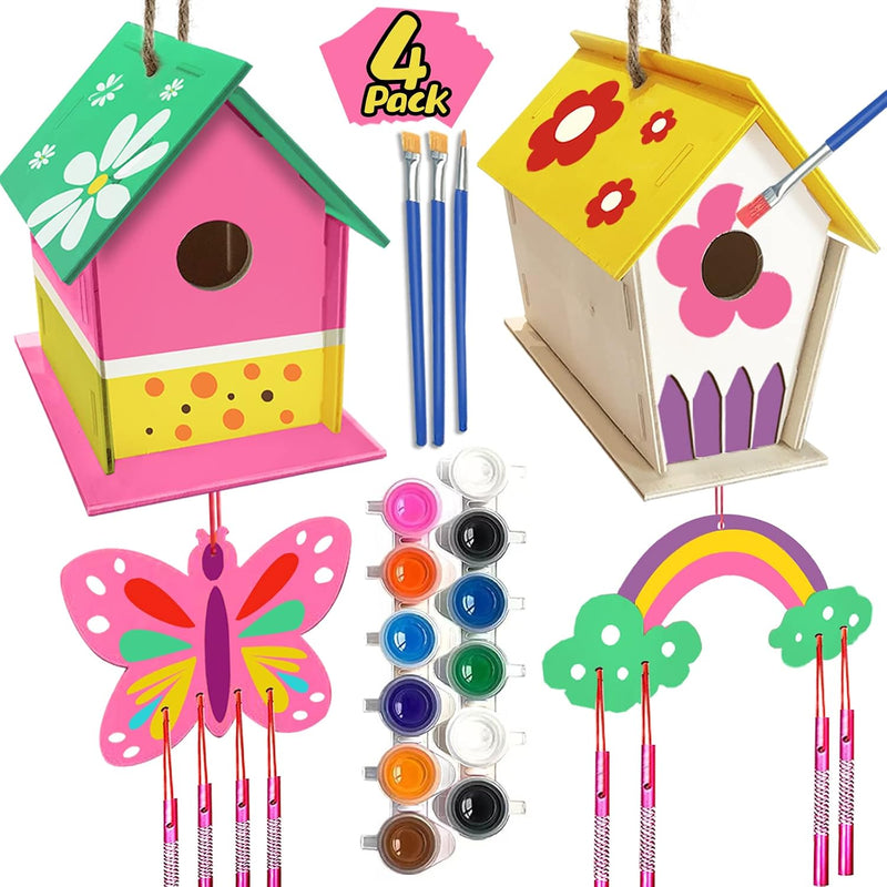 4 Pack DIY Bird House Wind Chime Kit for Crafts for Kids Ages 4-8 | Build and Paint Birdhouses Wooden Arts Kits Easter Basket Stuffers Gifts for Girls Kids Boys Toddlers Ages 3-5 4-6 6-8 8-12