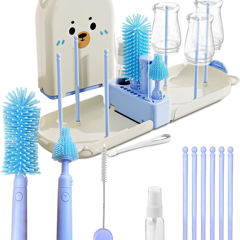 Pink Travel Baby Bottle Cleaner Kit – 6-in-1 Portable Brush Set with Drying Rack & Storage Case | Baby Travel Essentials for Flying, Newborn Bottle Cleaning & Breast Pump Parts On-The-Go