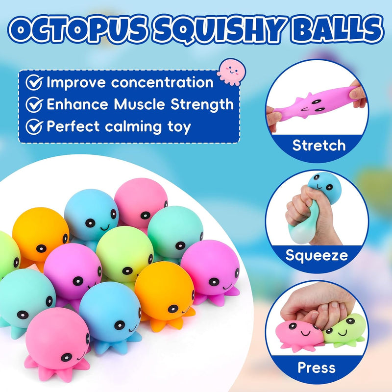 12 Pack Stress Balls for Adults, Cute Octopus Fun Squish Ball, Fidget Toys Bulk Squishy Squeeze Ball Set and Birthday Party Favors Toys for Kids