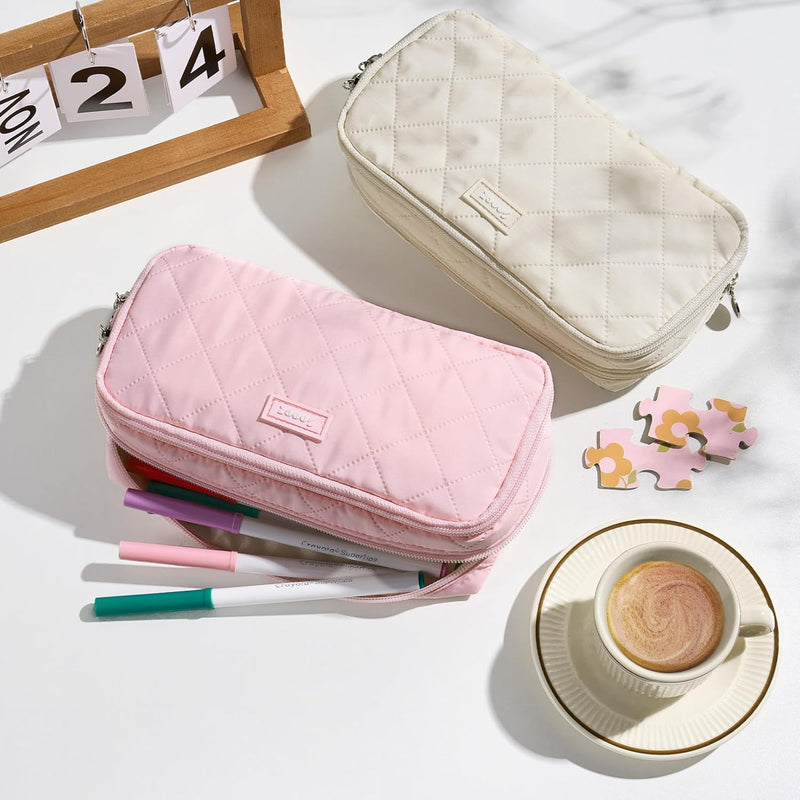 Sooez Cute Pencil Case, Aesthetic Pen Pencil Pouch, Extra Large Pencil Bag with Zipper, Special Pencil Holder Stationery Bag Marker Organizer, School Essentials Supplies for Girls Adult Teen, Beige