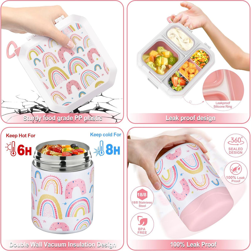 wiwens Bento Lunch Box for Kids with 12oz Soup Thermo Leak-Proof Lunch Food Container with 5 Compartment Thermo Hot Food Jar and Insulated Lunch Bag for Kid Toddler Girls Boys to School