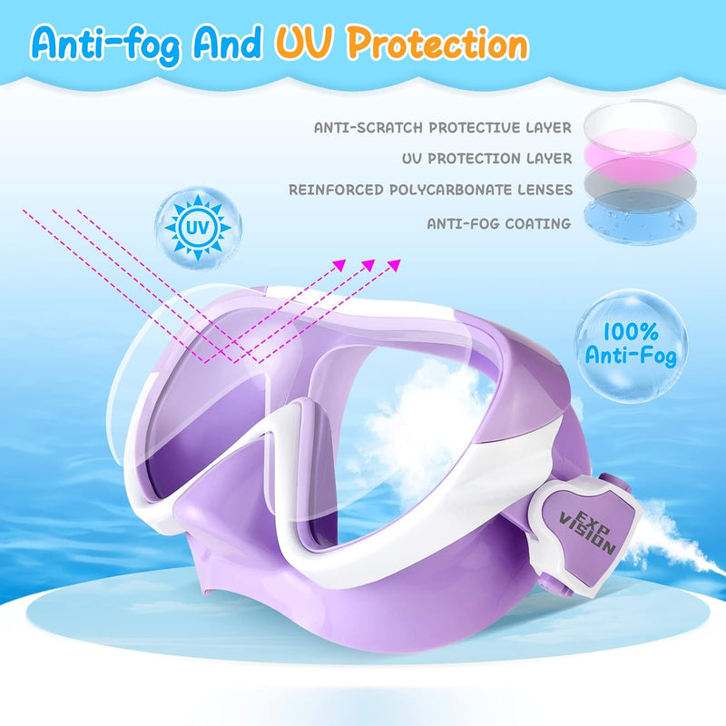 Kids Swim Mask 180° Snorkel Diving Mask, Anti-Fog Child Swim Goggles with Nose Cover No-Leak Swimming Goggles Anti-Shattered Lens for Youth 4-15