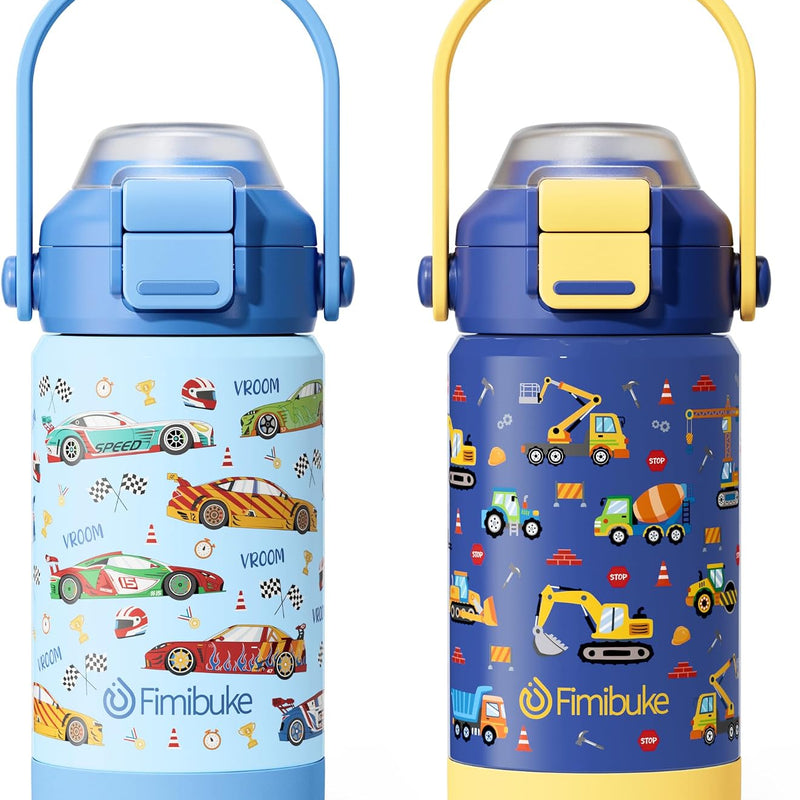 Fimibuke 18oz Kids Insulated Water Bottle with 2-in-1 Straw & Spout Lid | Leak Proof 18/8 Stainless Steel Vacuum Tumbler with Pop-Open Lid, BPA-Free Kids Cup for Travel School Girl Boy Toddler 2 Pack