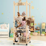 Stuffed Animal Storage Zoo Tower,56In Wooden Large Stuffed Animal Holder Organizer with Wheels,Stuffy Plushies Storage with Elastic Band&Mesh Bottom,Toy Storage Organizers for Playroom Bedroom Nursery