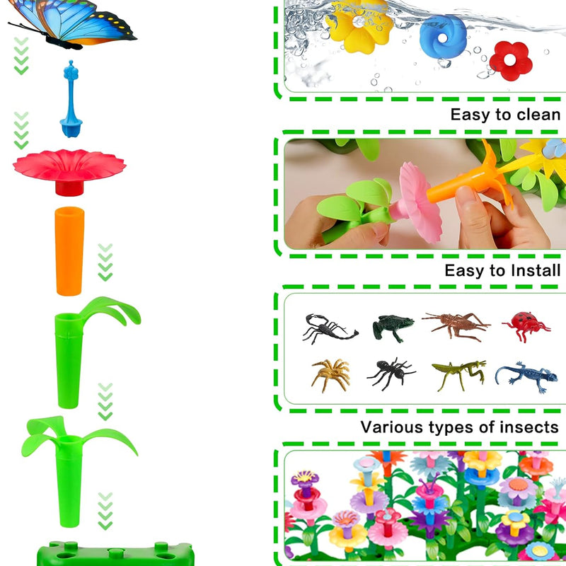 156 PCS Insect Flower Garden Building Educational STEM Learning Pretend Play Gardening Set for 2-6 Year Old Toddlers Girls Boys