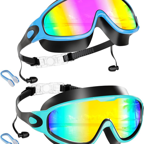 Aegend New Kids 2 Pack Wide View Swim Goggles, Anti-Fog/UV No Leak Goggles with Ear Plugs Kids 3-14