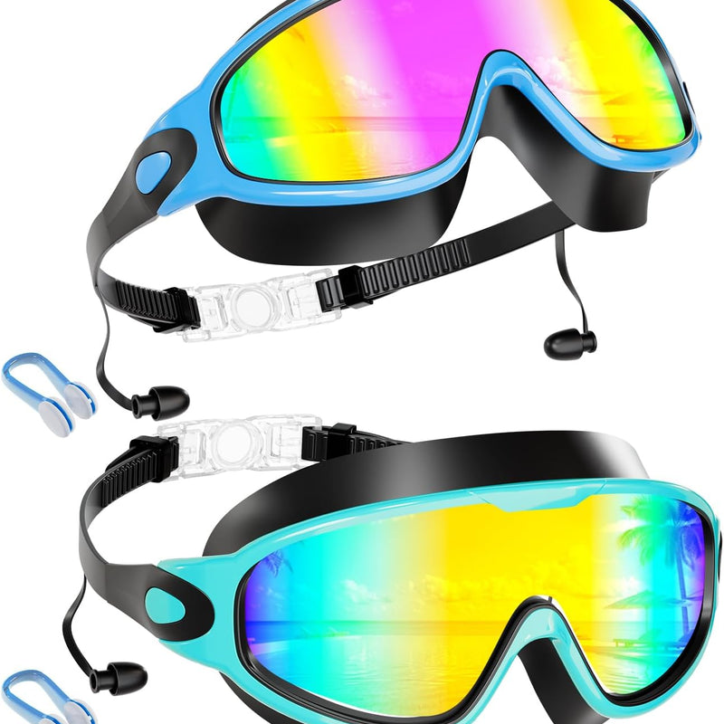 Aegend New Kids 2 Pack Wide View Swim Goggles, Anti-Fog/UV No Leak Goggles with Ear Plugs Kids 3-14