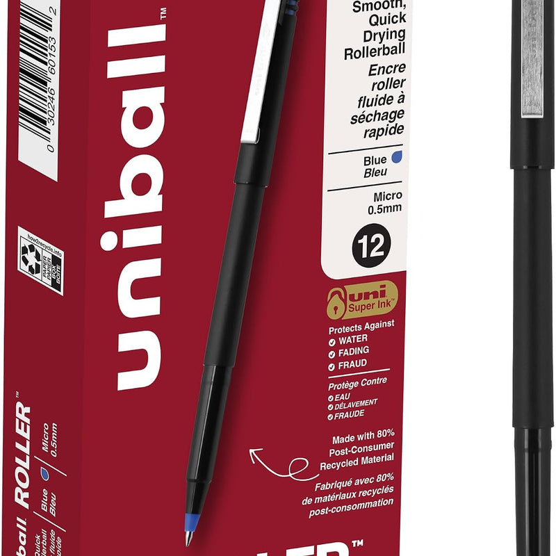 uniball Roller Rollerball Pens, Micro Point (0.5mm), Blue, 12 Pack