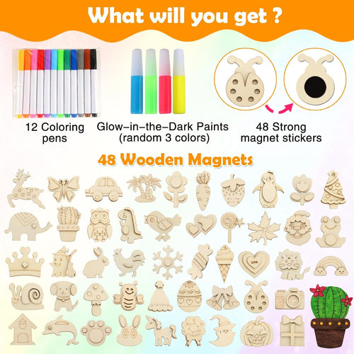 48 Pcs DIY Wooden Magnets, Wooden Art Craft Supplies Painting Kit for Kids | Ages 4-8 8-12 Glow in The Dark Party Favors Goodie Bag Stuffers Birthday Gifts Toys for Boys Girls