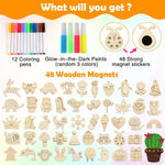 48 Pcs DIY Wooden Magnets, Wooden Art Craft Supplies Painting Kit for Kids | Ages 4-8 8-12 Glow in The Dark Party Favors Goodie Bag Stuffers Birthday Gifts Toys for Boys Girls