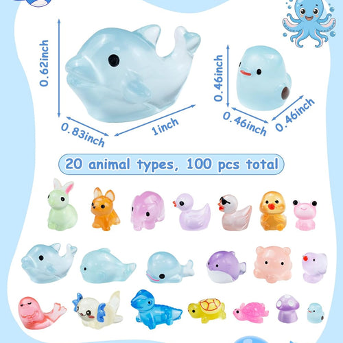 FIVEIZERO 100PCS Luminous mini Resin Animals Bulk - 20 Styles Glow in The Dark Plastic Tiny Animals Figures for Dollhouse, Fairy Garden, Aquarium, Party Favors & DIY Craft Decor