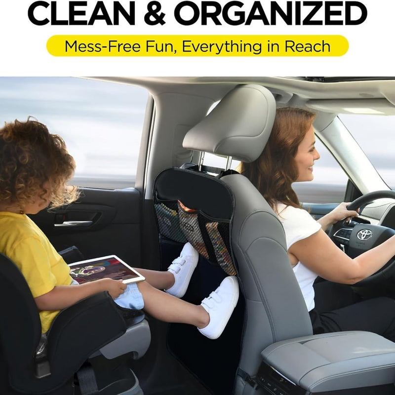 lebogner Back Seat Cover For Kids + 3 Pocket Storage Organizer, 2 Pack X-Large Waterproof Kick Mats Backseat Protector, Car Seat Back Protectors For Vehicles To Protect From Dirt, Mud & Scratches