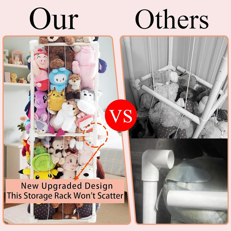 Large Stuffed Animal Storage Zoo Cage Holder, 19"x19"x56.3" Pre-Threaded Bungee Upgrade PVC Toy Organizers and Storage, Vertical Space Saving Plush Toys Zoo Holder, for Bedroom Playroom, White