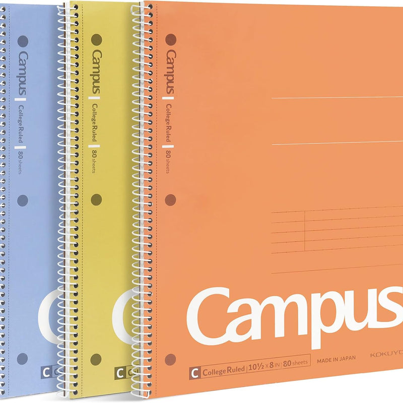 KOKUYO Spiral Notebook, 3 Pack Campus 10-1/2" x 8" Subject Notebooks with College Ruled, 80 Sheets, Pink Blue Green 3 Holes School Spiral Journal for Work Study Note Taking (WSG-SU-400G1×3)