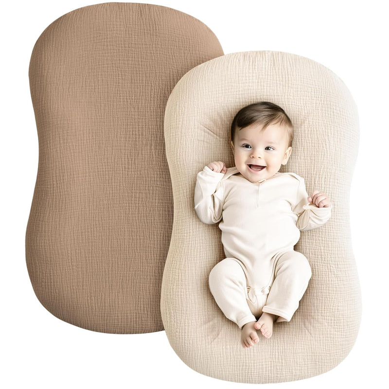 Konssy 2 Pack Muslin Baby Lounger Covers, Covers Only, 30.7" x 20" | 100% Cotton, Soft & Breathable, Baby Nest Slipcover, Envelope Closure, Pre-Washed for Lasting Fit (Brown,Wheat)