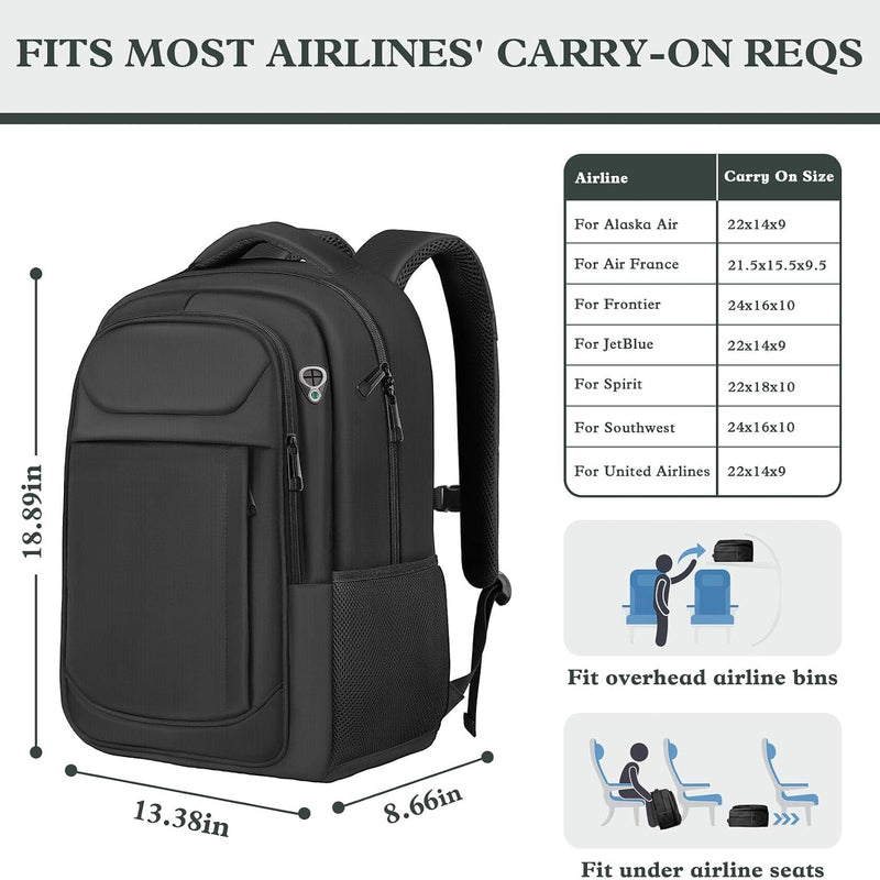 Travel Laptop Backpack 17 Inch, Sturdy Professional Travel Backpack for Men Women with LifetimeWarranty, Airline Approved Big Large Business Work College Computer Backpack, Black