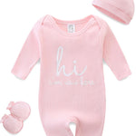 Baby Romper with Baby Mittens & Newborn Hats Footless Long Sleeve | Solid Onesie Hi Im New Here Baby Clothes Boy Girl Newborn Onesie Romper 0-3 Months Baby Boy Stuff Coming Home Outfit Gifts