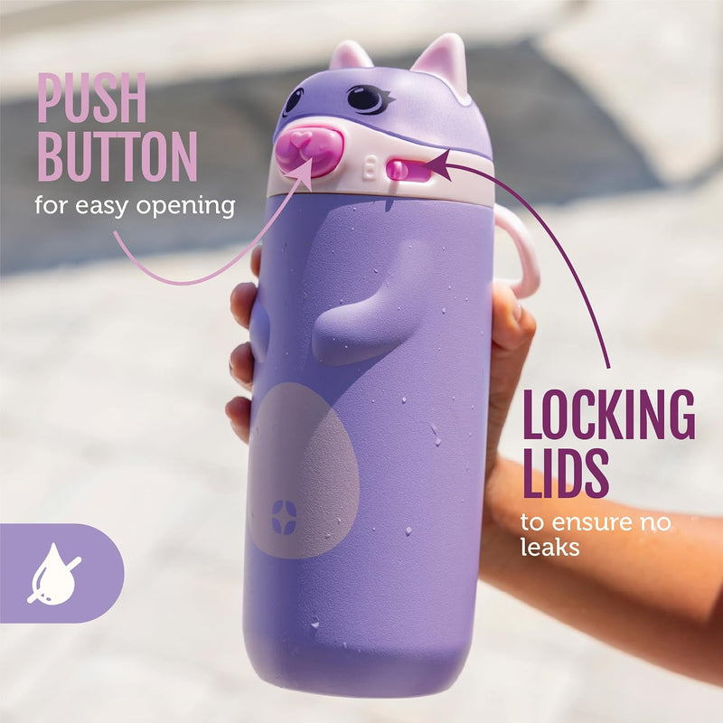 Ello Ellies 12oz Stainless Steel Leakproof Kids Water Bottle, Cat | Insulated kids water bottle with straw, leakproof locking lid, carry handle, and stainless steel fun animal design for school
