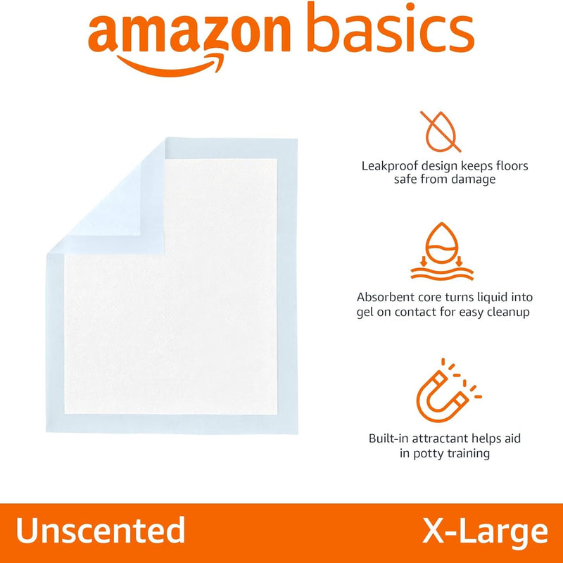 Amazon Basics Leak-Proof Dog and Puppy Potty Training Pee Pads with Quick-Dry 5-Layer Design, X-Large Size 28 x 34 Inch, Blue & White, 40-Pack