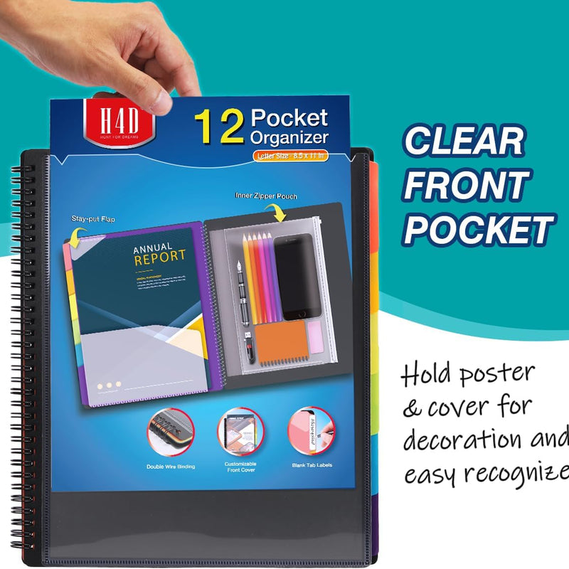 H4D 12 Pocket Poly Project Organizer, Spiral Multi Pocket Folder Organizer, Multi-Subject Folder Notebook, Letter Size