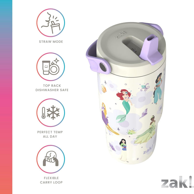 Zak Designs Disney Princess Siply 20oz Leak-Proof Straw Insulated Tumbler | BPA Free, Stainless Steel, Handle, Cupholder Friendly, Dishwasher Safe, Kids Water Bottle For School, Home, Travel, Ariel