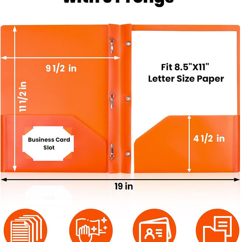 SUNEE 3-Prong Plastic Folders with Pockets (6 Pack, Assorted Colors) 2 Pocket Folders with Fasteners, Tear-Resistant Plastic Pockets, and Fit Letter Size Paper, Use for School Office Home Business