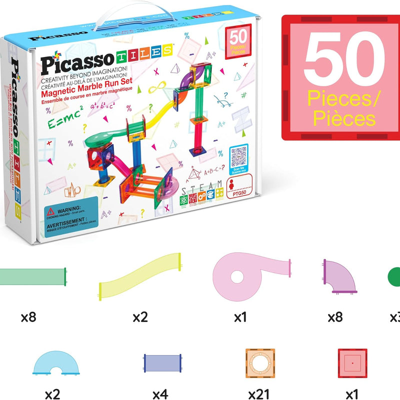 PicassoTiles 50pcs Magnetic Tiles Marble Run for Kids Race Track Toy Marble Maze Sensory Toys for Toddlers STEM Educational Set Magnet Building Blocks Construction Building Tiles Boys Girls 3+ PTG50