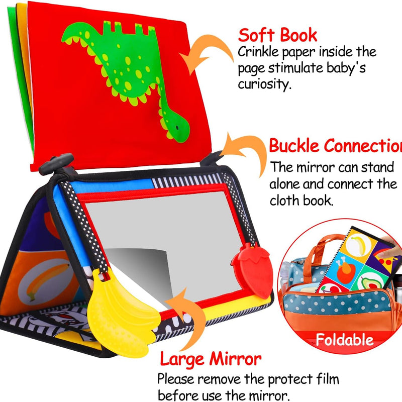 Tummy Time Baby Mirror & Soft Book: Newborn Brain Development, Teething Toy, High Contrast Patterns