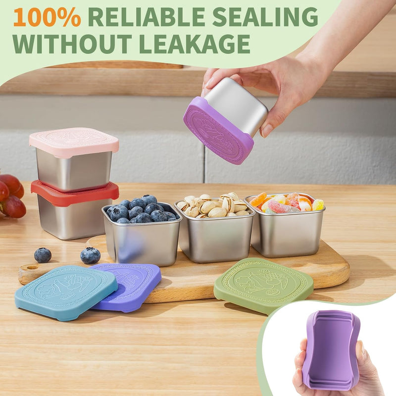 SANEXC 6 Oz Stainless Steel Snack Containers for Kids - 6 Pack Metal Food Containers with Lids Silicone Easy Open 100% Leak Proof BPA Free Reusable Baby Lunch Box for Daycare Travel and Office