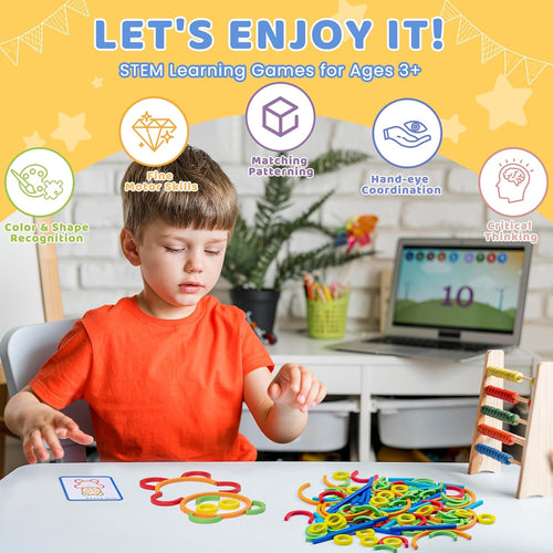 142pcs Wooden Pattern Blocks Montessori STEM Toy for 3-5 Years Old Kids, Made in USA, 142pcs Sticks & Rings