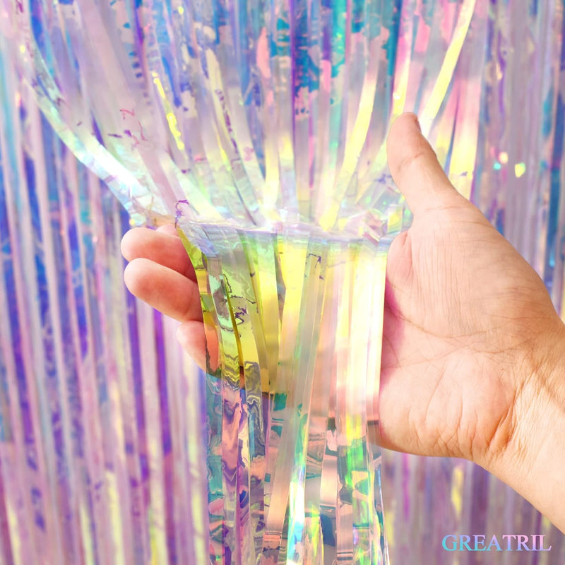 GREATRIL iridescent party backdrop, 2 PCS, 3.2ft x 6.5ft, tinsel foil fringe curtain for mermaid/frozen/sea/euphoria party theme decorations
