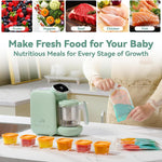 Chefhandy 5-in-1 Baby Food Maker with Stainless Steel Steam Basket, Green | One-step baby food processor with BPA-free food-contact parts, 6 reusable pouches, and recipe guide for homemade baby meals.