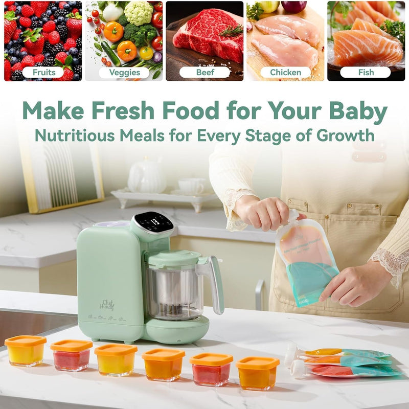 Chefhandy 5-in-1 Baby Food Maker with Stainless Steel Steam Basket, Green | One-step baby food processor with BPA-free food-contact parts, 6 reusable pouches, and recipe guide for homemade baby meals.