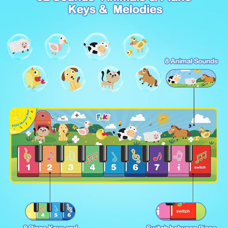 FOKI Floor Piano Mat for Toddlers, Sensory Educational Dancing Musical Keyboard Carpet Toy