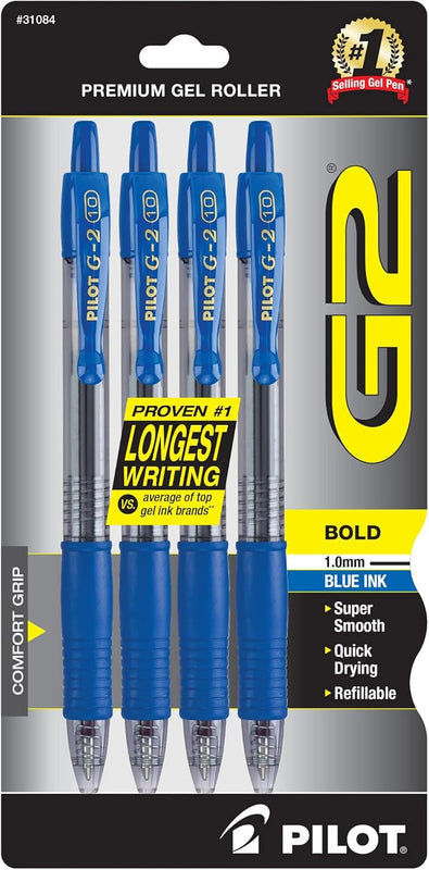 Pilot G2 Premium Refillable & Retractable Rolling Ball Gel Pens, Bold Point, Bold Gel Pens, 1.0 mm, Black Ink, 4-Pack