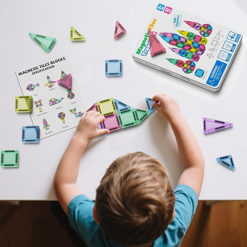42PCS Mini Magnetic Tiles Travel Set with Iron Storage Box - Portable STEM Building Blocks for Kids 3-8, Montessori Educational Magnet Toys for Airplane, Car Rides & On-The-Go Play