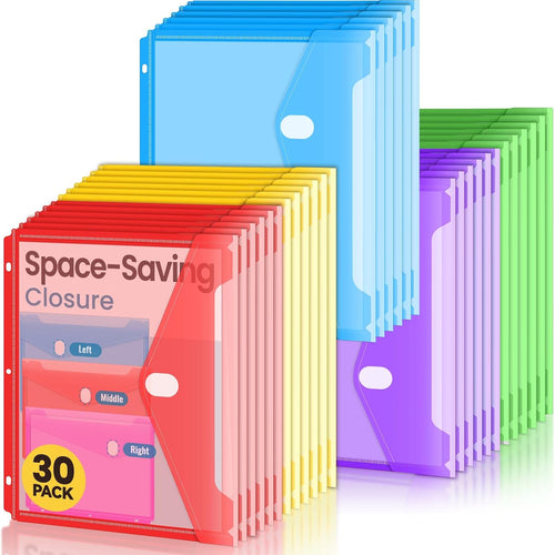 Sooez 30 Pack Binder Folders Organizer with Staggered Closures, Super Heavyweight Binder Pockets for 3 Ring Binders, High Capacity Binder Pouch, Side Loading, School Supplies, Letter Size, 5 Color