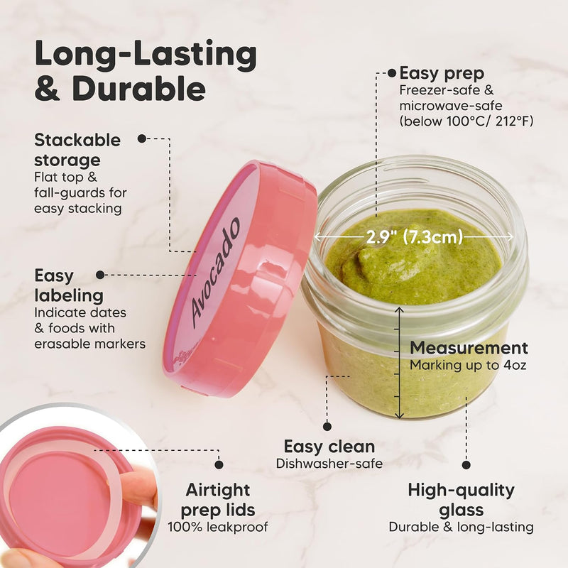 KeaBabies 12pk 4oz Glass Baby Food Containers with Lids, Leak-Proof (Nord) | Microwavable Small Glass Jars, Baby Purees, Toddler Snack Storage Containers, BPA-Free, Dishwasher-safe, Freezer Safe