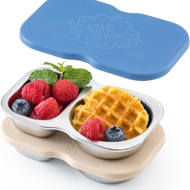 VITEVER 4 Pack Small Stainless Steel 2-Compartment Snack Containers with Lids, Reusable Snack Pack Containers, Lunch Box Accessories,Double Compartment Salad Dressing Containers to Go, 5.3oz