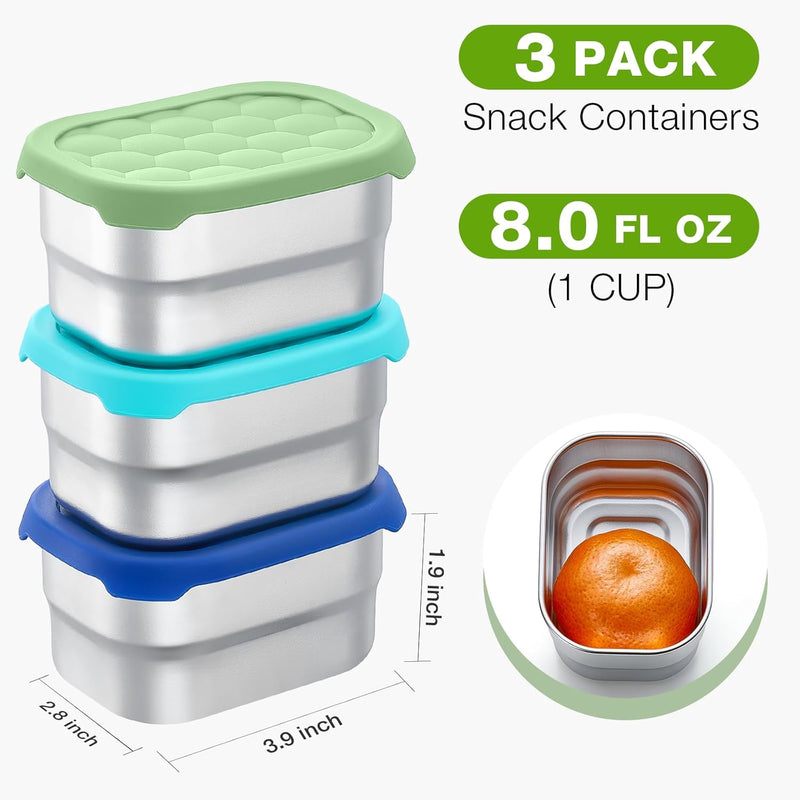 Gencywe® 3 Pack Stainless Steel Snack Containers for Kids, 8 oz Easy Open Leak Proof Small Toddler Snack Containers with Silicone Lids, Stackable Metal Lunch Box for Daycare and School (Blue)