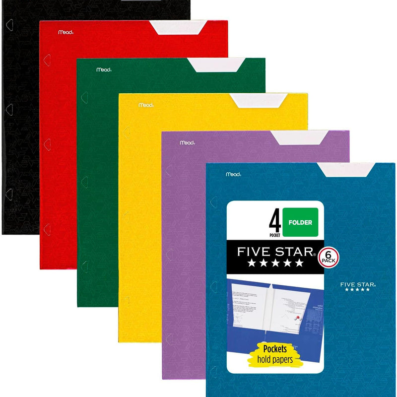 Five Star 4-Pocket Folder, 6 Pack, Paper Folder, Fits 3-Ring Binders, Holds 8-1/2" x 11" Paper, Assorted Colors (38058)