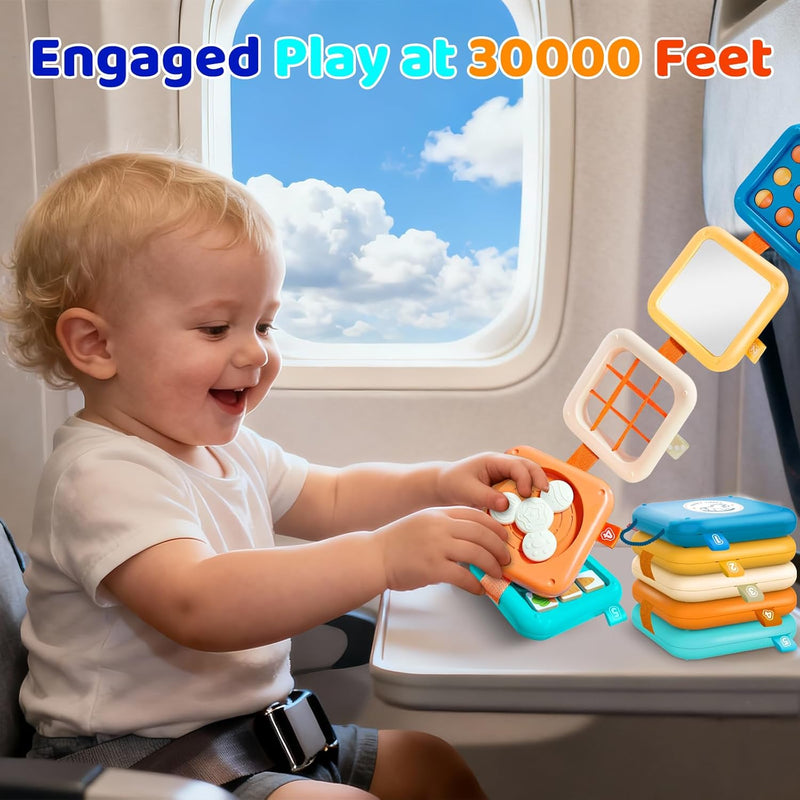 Portable Travel Toys for Baby 6-18M: 5 Foldable Cubes 7 Activity Panels | Busy Board for Car Seat & Airplane Trips - Builds Sensory Fine Motor Skills - Gifts for Baby Birthday Christmas