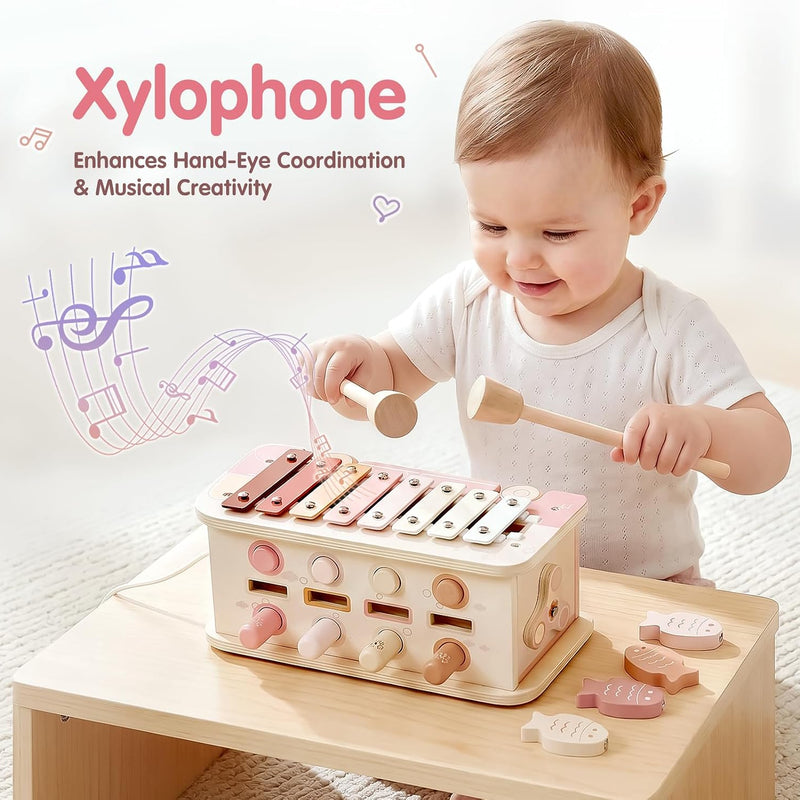 Vanplay Hammering Pounding Toys for 1 2 Year Old Girl Birthday Gifts | 7 in 1 Pink Wooden Learning Activities with Fishing/Spinner/Xylophone/Mole Game for Toddlers 1-3 - Baby Girl Gifts 12+ Months