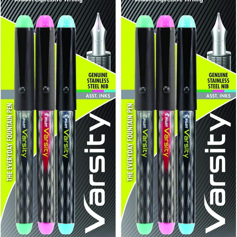 Pilot Precise Varsity Pre-Filled Fountain Pens for Writing, Medium Point Stainless Steel Nib, Black/Blue/Red/Pink/Green/Purple/Turquoise Ink, 1.0mm, 7-Pack