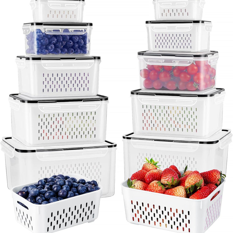 Fruit Storage Containers for Fridge with Removable Colander 4 PCS | Airtight Food Storage Container Dishwasher Safe Produce Saver for Refrigerator Keep Berry Fruit Fresh Longer Small Clear