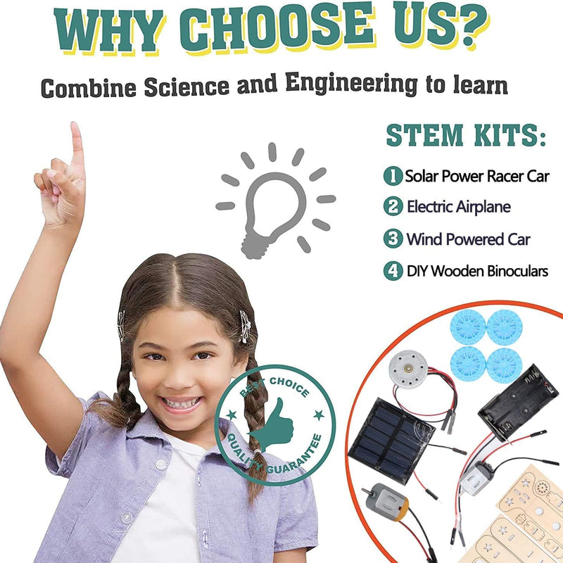 STEM Building Kits for Kids Ages 8-14: Solar Car, Biplane Glider, Binoculars, Wind Car