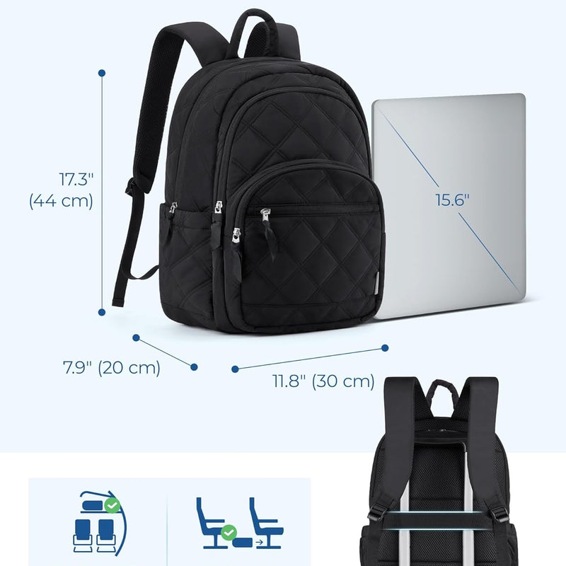 BAGSMART Travel Laptop Backpack, College Backpack for Women, Quilted Small Computer Bookbag, Water-Resistant 15.6 Inch Laptop Casual Bag, Black
