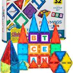 Playmags 100-Piece Magnetic Tiles for Kids, STEM Building Blocks Set with Click-in ABC Learning Tiles and Magnetic Figures